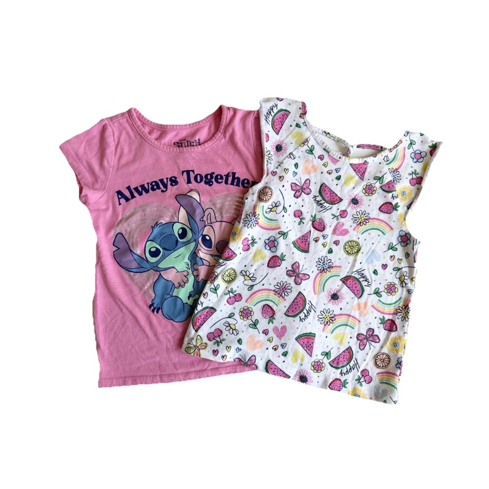 Disney Pink and White T-Shirts Set Girl's 6 Summer Play GUC Stitich Rainbow
